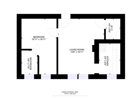 Floor plan for 1 bed, 1 bath, 490 sqft